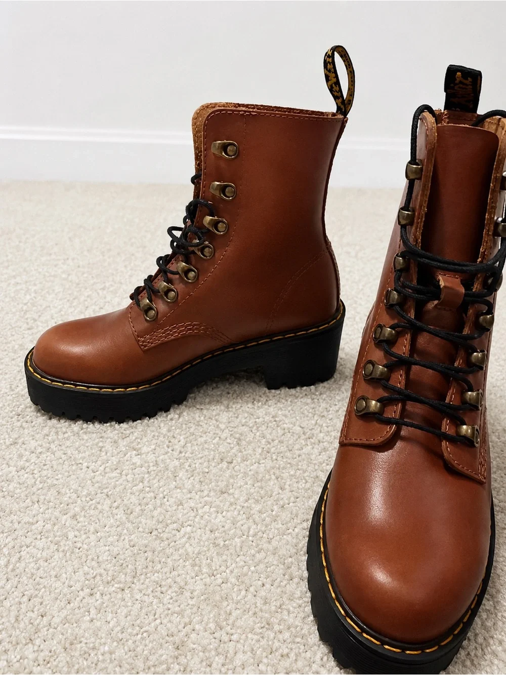 NWOT- Dr. Martens Leona Brown Leather Platform Boots Size 6- never worn.